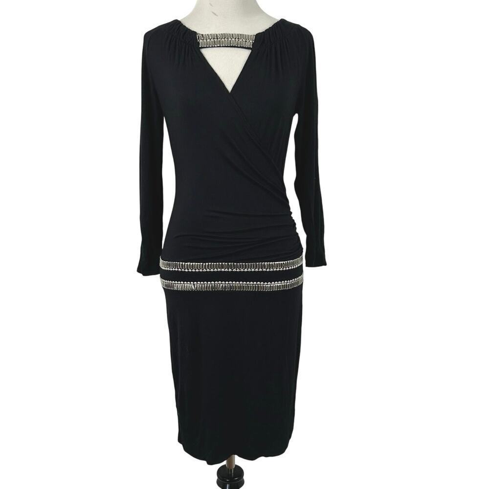 Cache Vintage Bodycon Cocktail Dress Black Ruched Party Y2K Glam Size Small